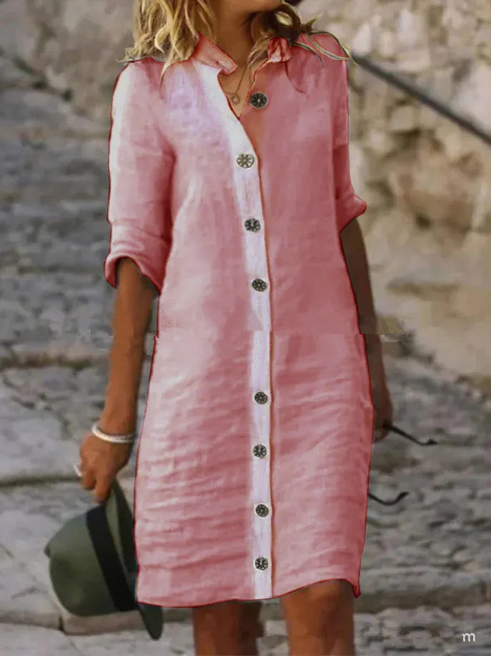 Cotton Linen Button-Front Shirt Dress