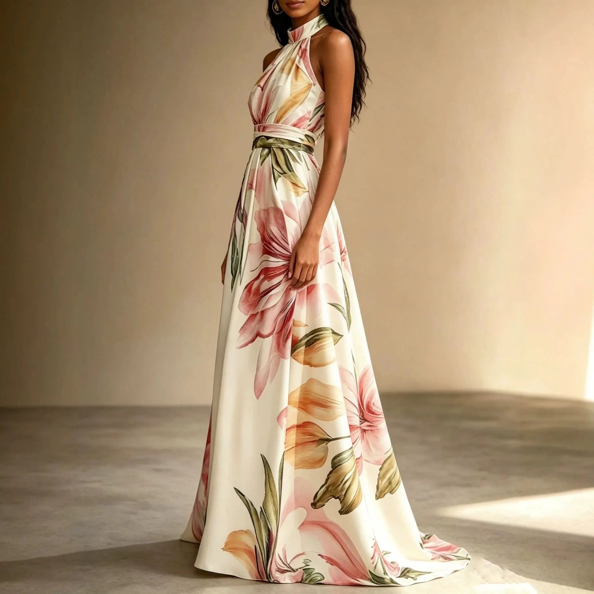 Floral Print Halter Neck High Waist Flowy Maxi Dress