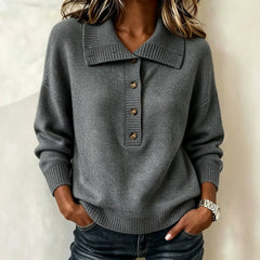 Burgundy Collared Henley Knit Sweater Button Front Long Sleeve Loose Pullover