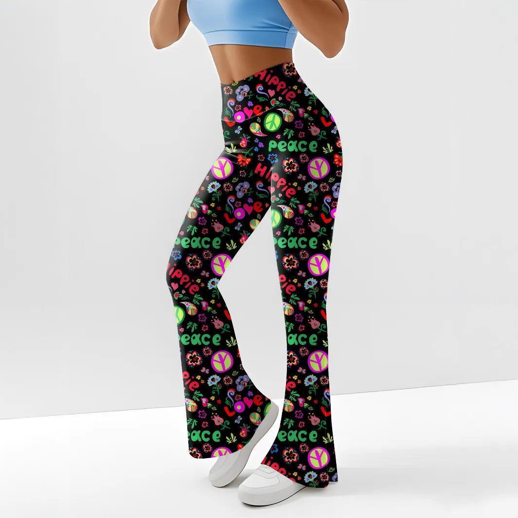 High Waist Hippie Peace Print Flared Casual Pants