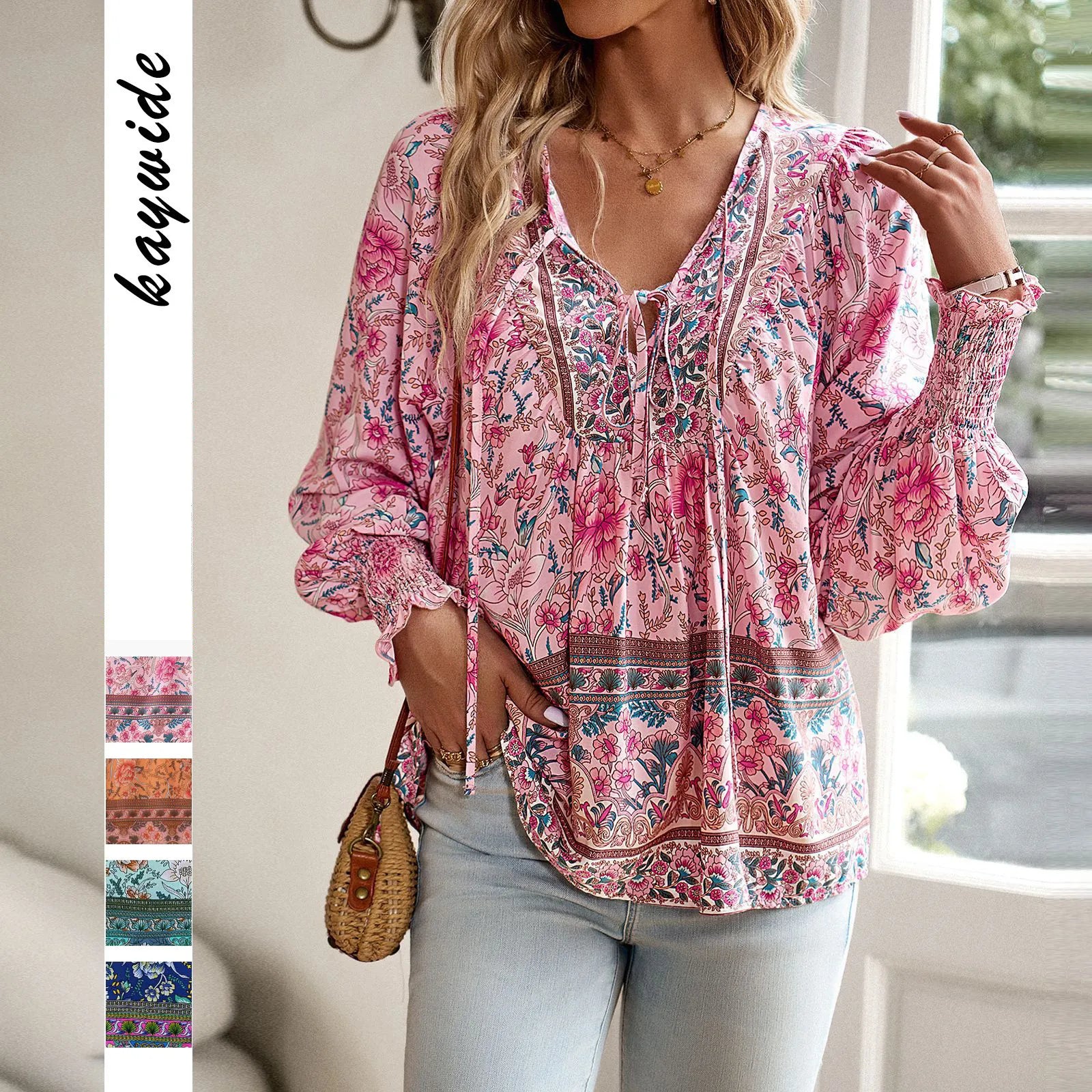 Boho Floral V-Neck Long Sleeve Loose Blouse