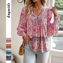 Boho Floral V-Neck Long Sleeve Loose Blouse