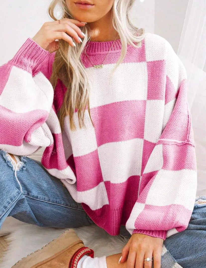 Checkerboard Color Block Crew Neck Loose Pullover Sweater