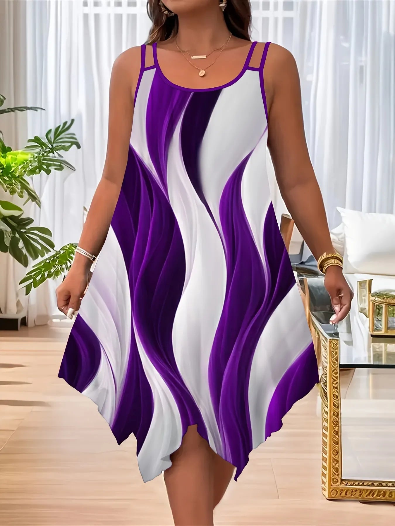 Wave Print Round Neck Double Spaghetti Strap Loose Irregular Hem Midi Dress