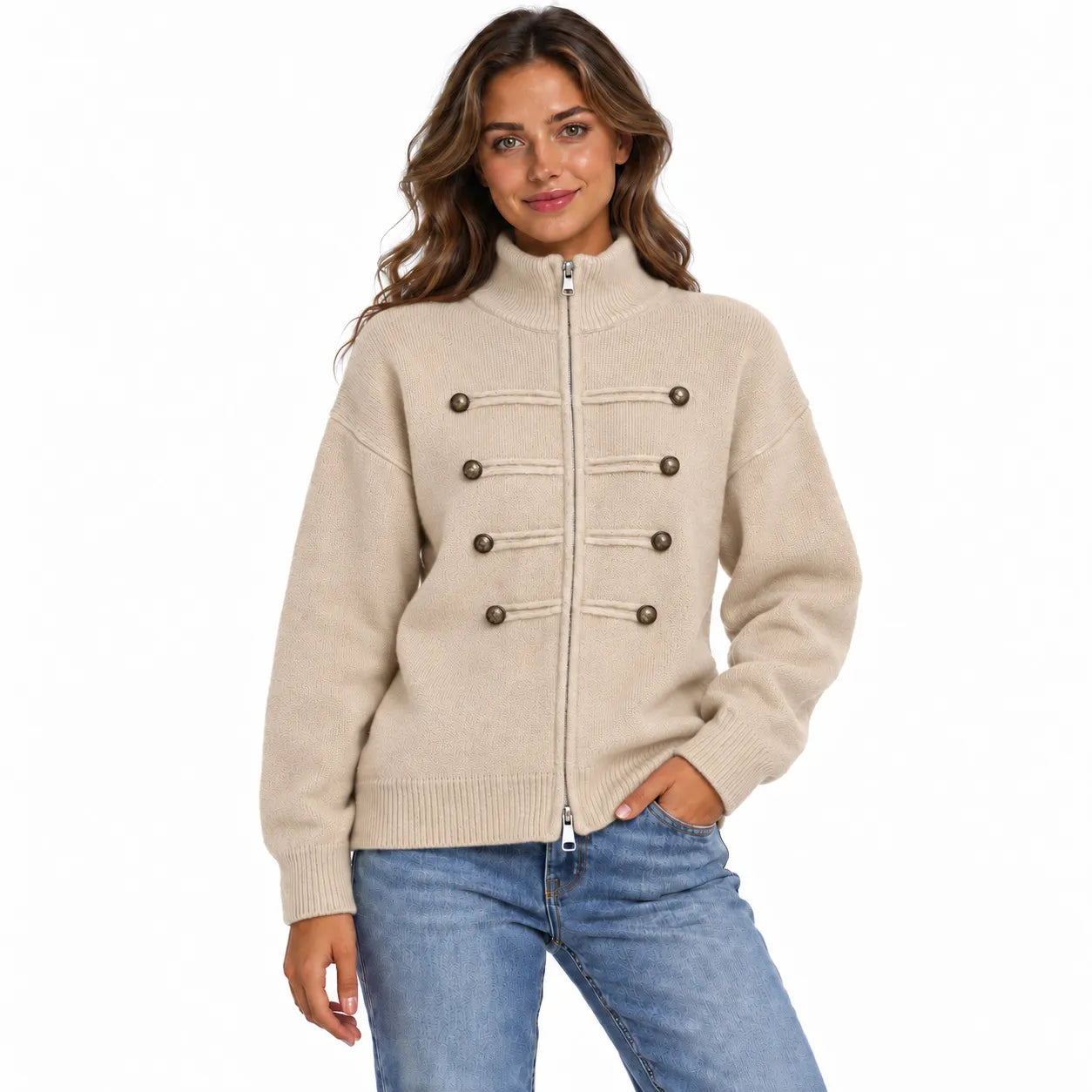 Stand Collar Zip Up Knit Cardigan, Double Breasted Decorative Button Sweater Jacket