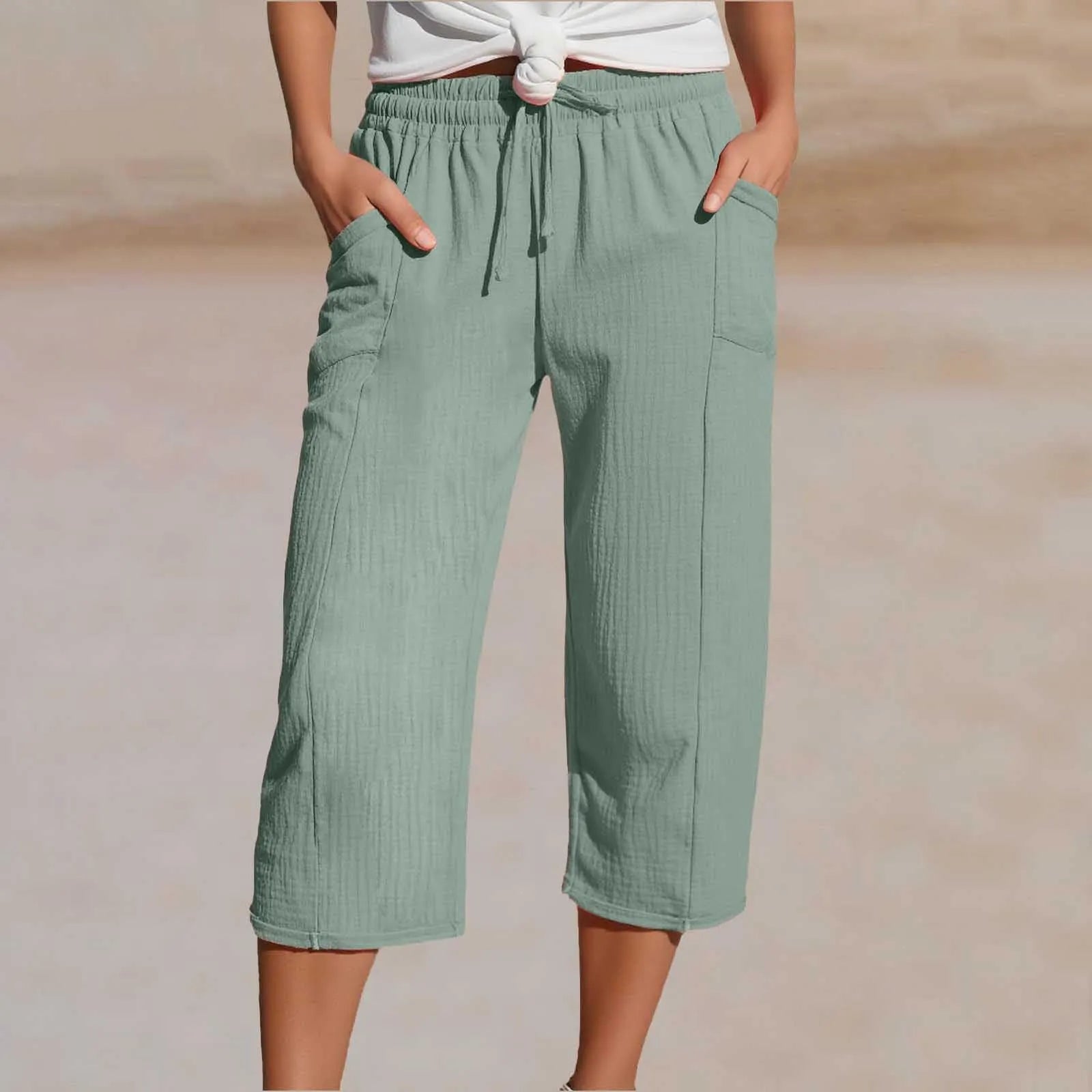 Elastic Waist Drawstring Capri Pants