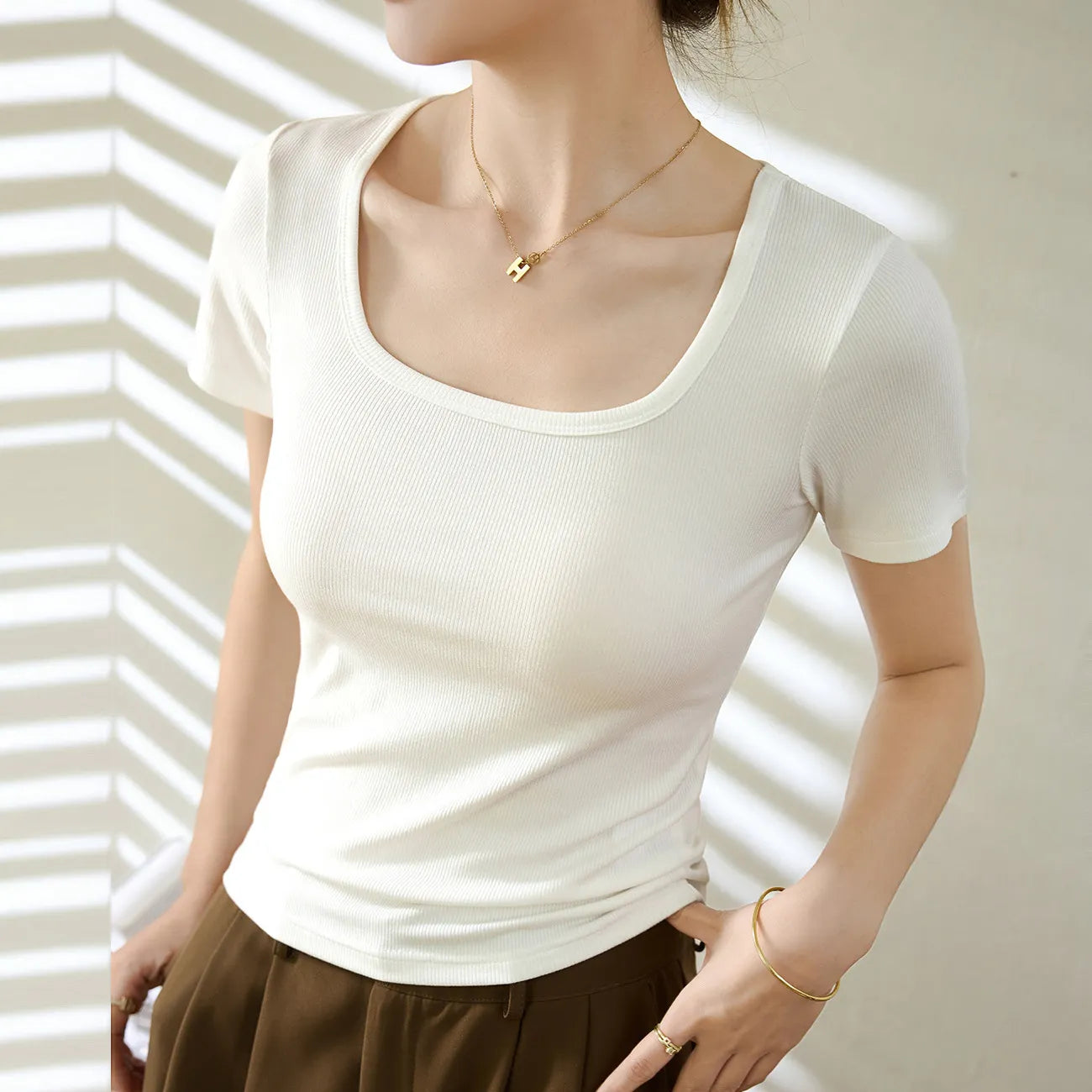Square Neck Ribbed Short Sleeve T-Shirt,