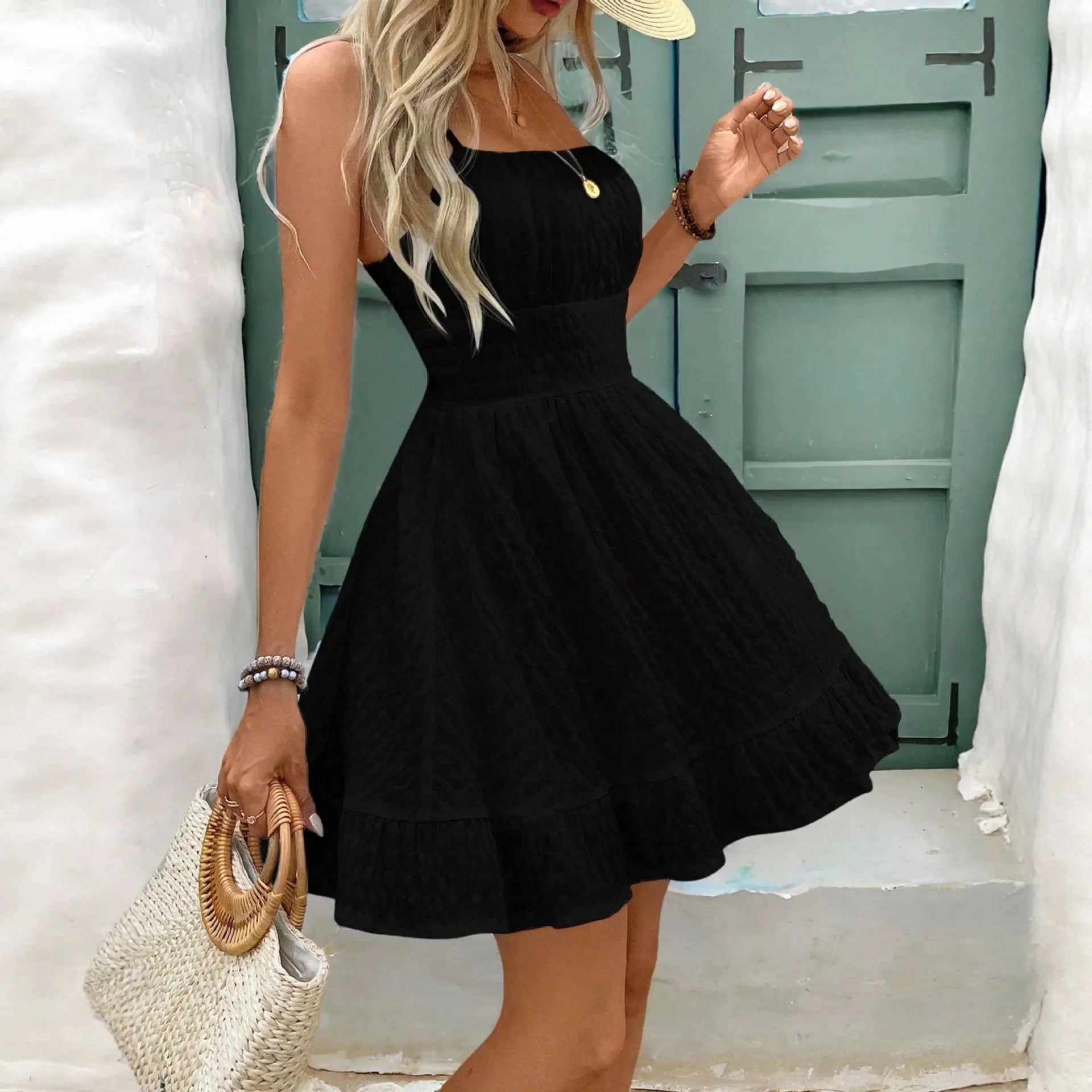 Thin Strap Pleated High Waist A-Line Midi Dress