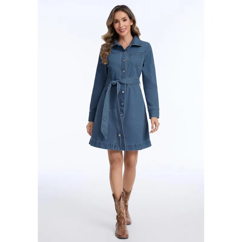 Classic Collared Denim Dress, Tie Belt A-Line Casual Jean Dress