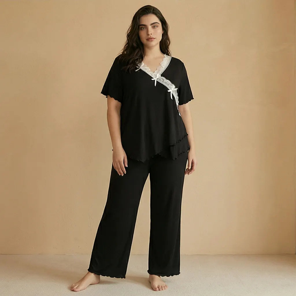 Curvy Ladies 2 Piece Sleepwear, Black Wrap Style Lace Trim Short Sleeve Top & Wide Leg Pants Pj Set