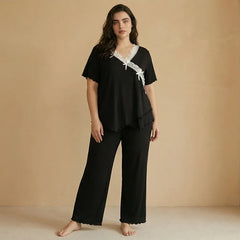 Curvy Ladies 2 Piece Sleepwear, Black Wrap Style Lace Trim Short Sleeve Top & Wide Leg Pants Pj Set