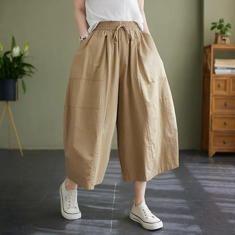 Elastic Waist Pocket Loose Wide Leg Cropped Casual Pants