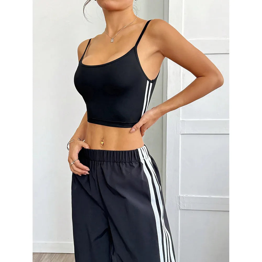Street Striped Drawstring Wide Leg Casual Pants