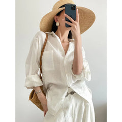 Solid Linen Chest Pocket Oversized Long Sleeve Button Shirt