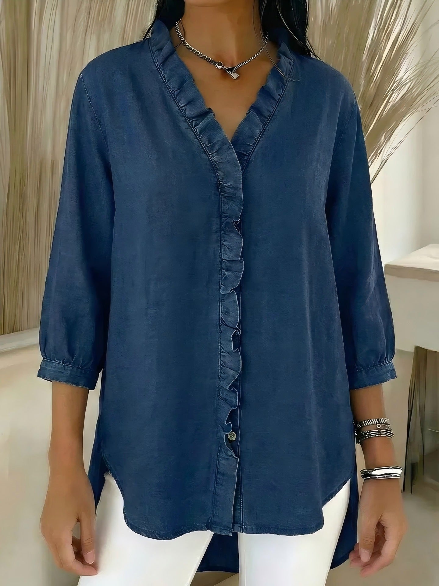 Ruffled V-Neck Three-Quarter Sleeve Blouse