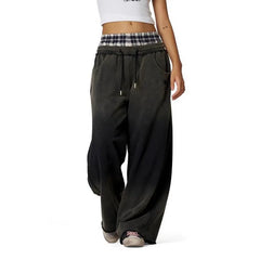Plaid Waistband Stripe Wide Leg Grey Sweatpants