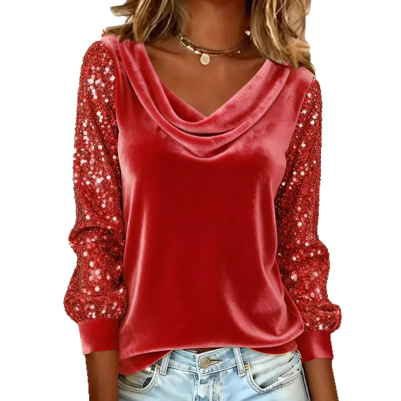 Gold Velvet Sequin Sleeve Cowl Neck Top