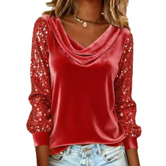 Gold Velvet Sequin Sleeve Cowl Neck Top