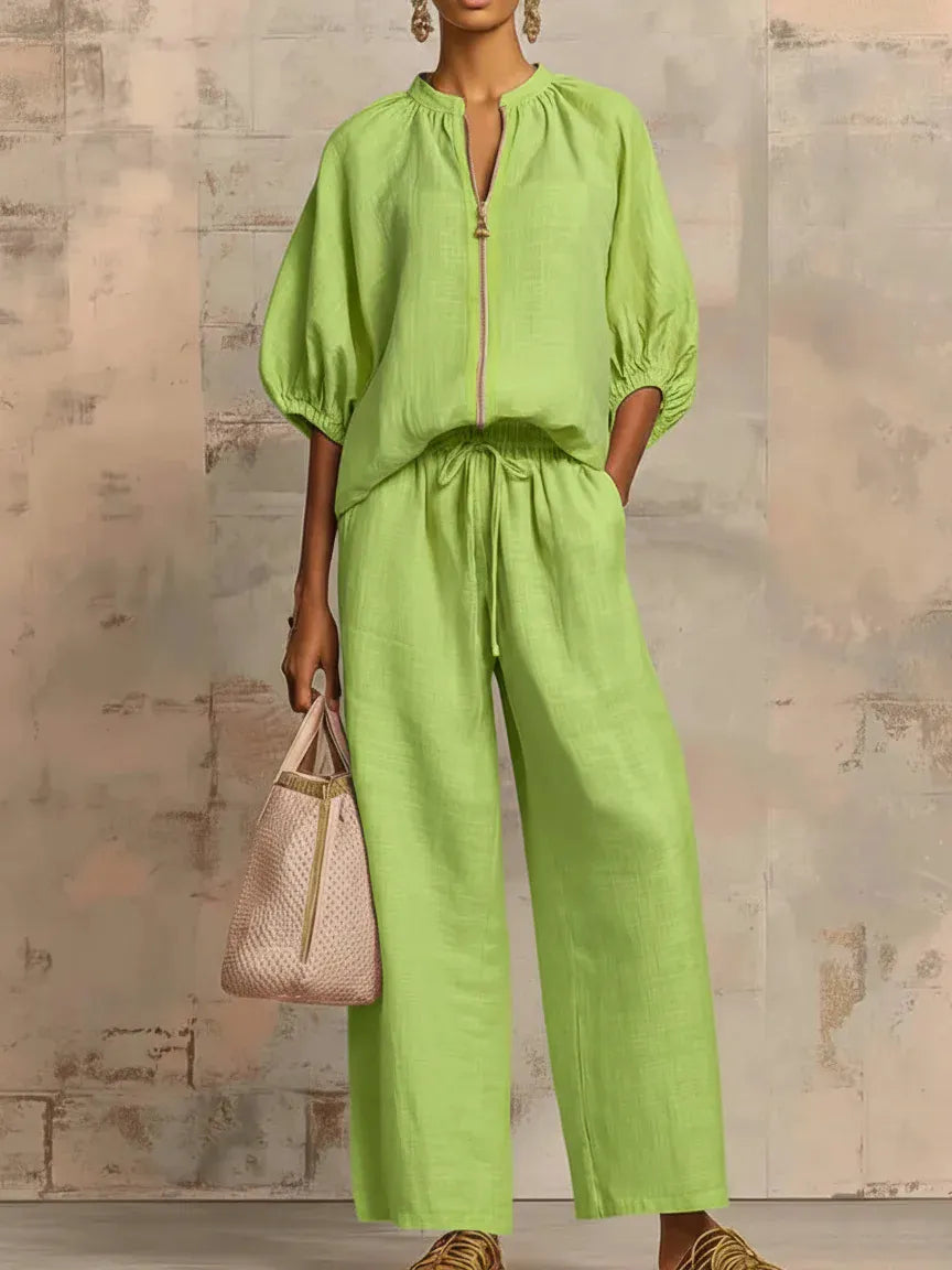 Stand Collar Gold Zip Linen 2 Piece Outfit, Puff Sleeve Drawstring High Waist Wide Leg Pocket Pants
