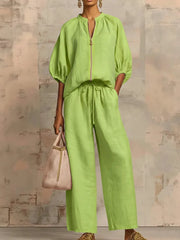 Stand Collar Gold Zip Linen 2 Piece Outfit, Puff Sleeve Drawstring High Waist Wide Leg Pocket Pants