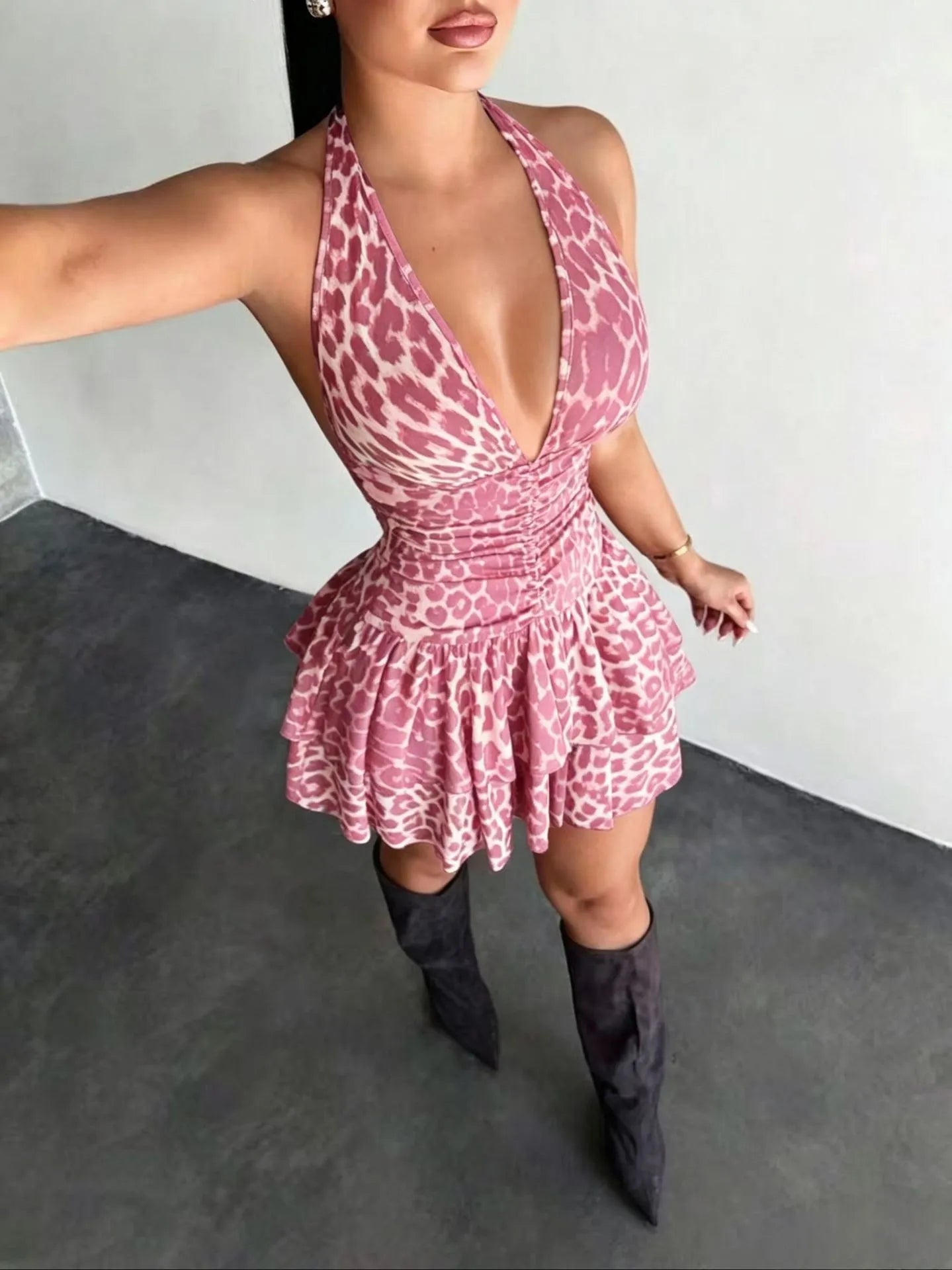 Leopard Print Deep V-Neck Halter Ruched Ruffle Mini Dress
