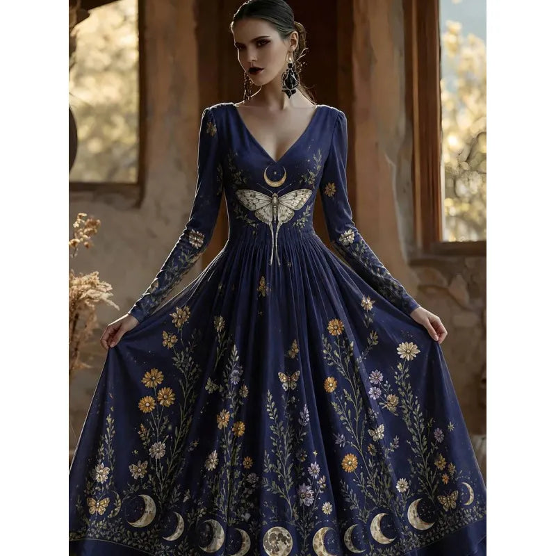 Bohemian Moon & Wildflower Print Long Dress, Deep V Neck Butterfly Moth Long Sleeve Gown