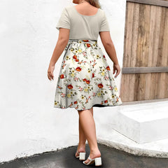 Plus Size Floral Belted A-Line Midi Dress Round Neck Short Sleeve Elegant Casual Daily Dress