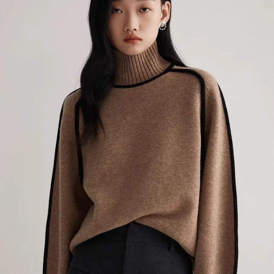 Contrast Trim High Neck Loose Pullover Sweater