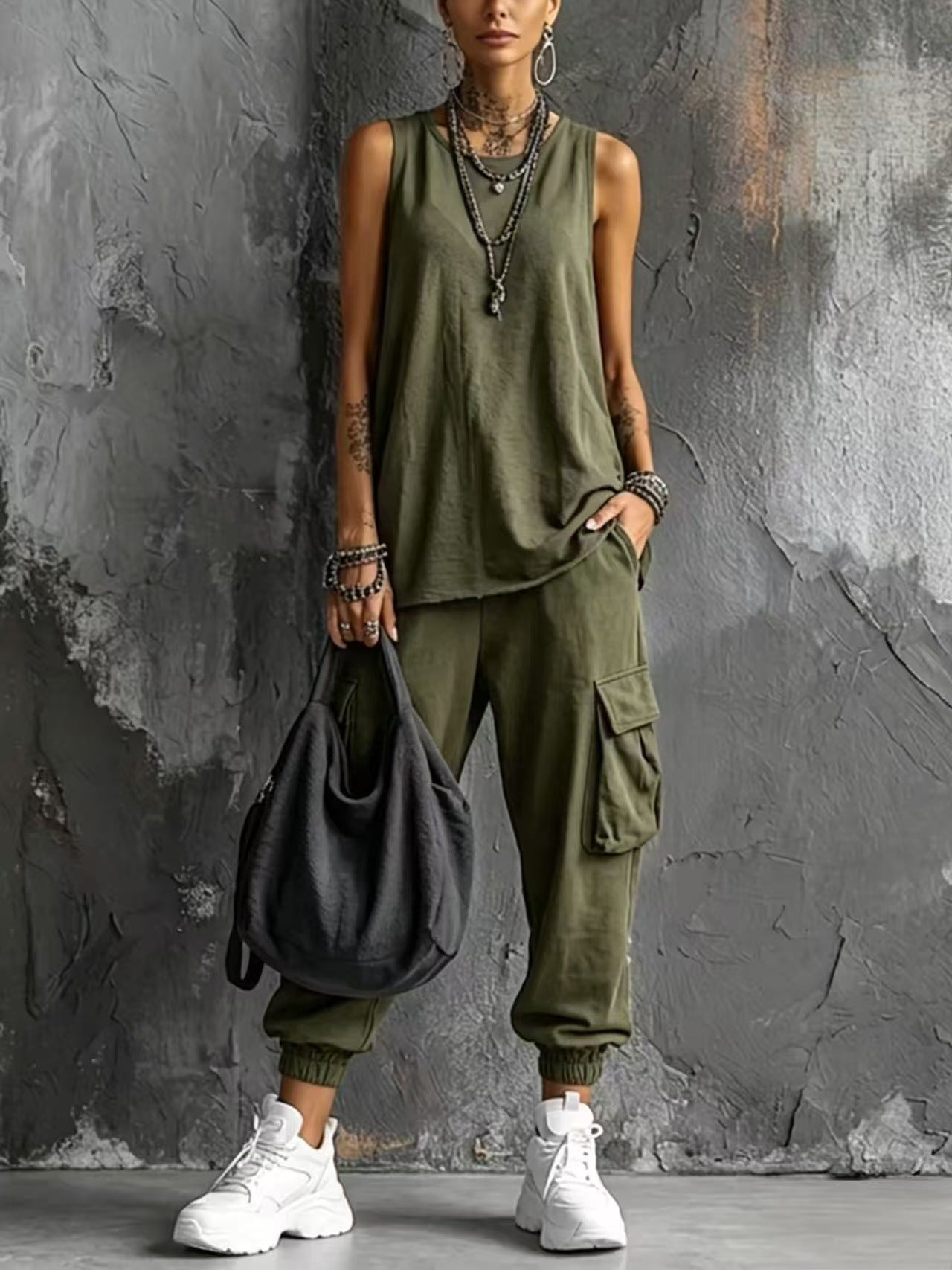 Dark Gray Sleeveless Tank & Cargo Pants Set