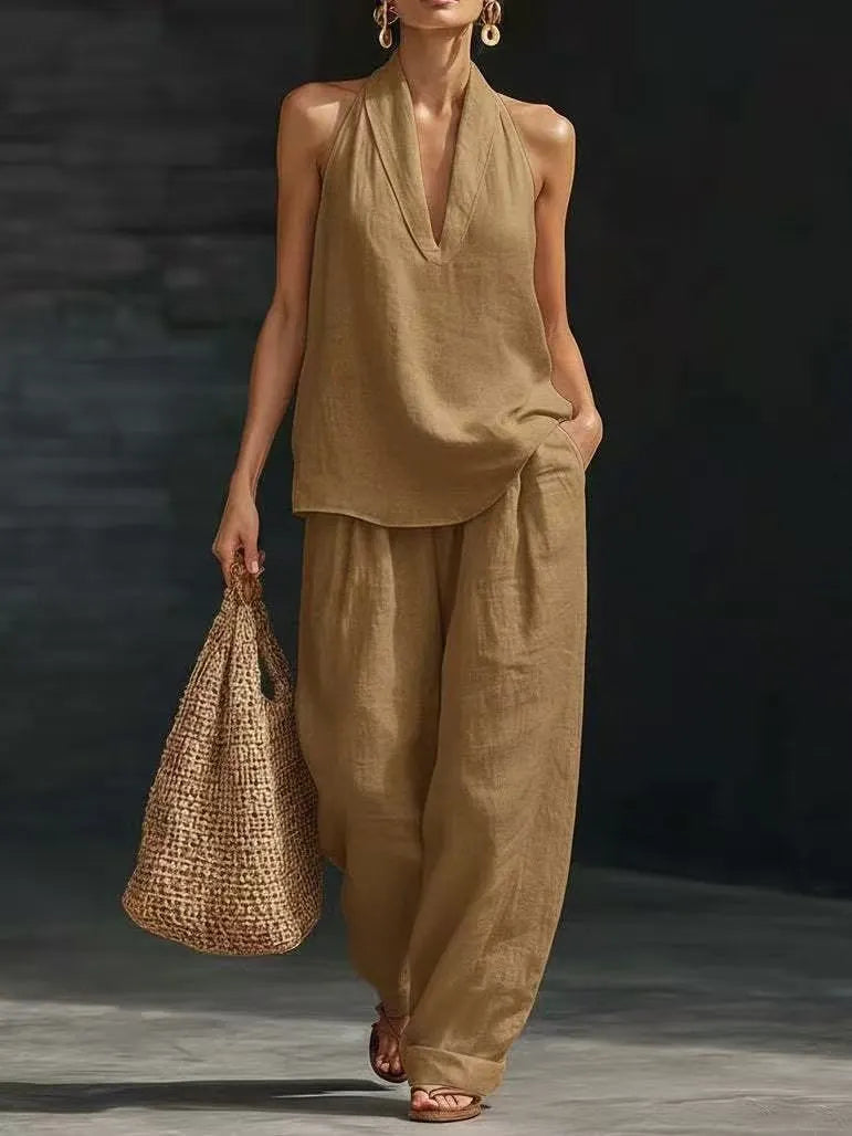 Linen Halter Top & Wide Leg Pants Set