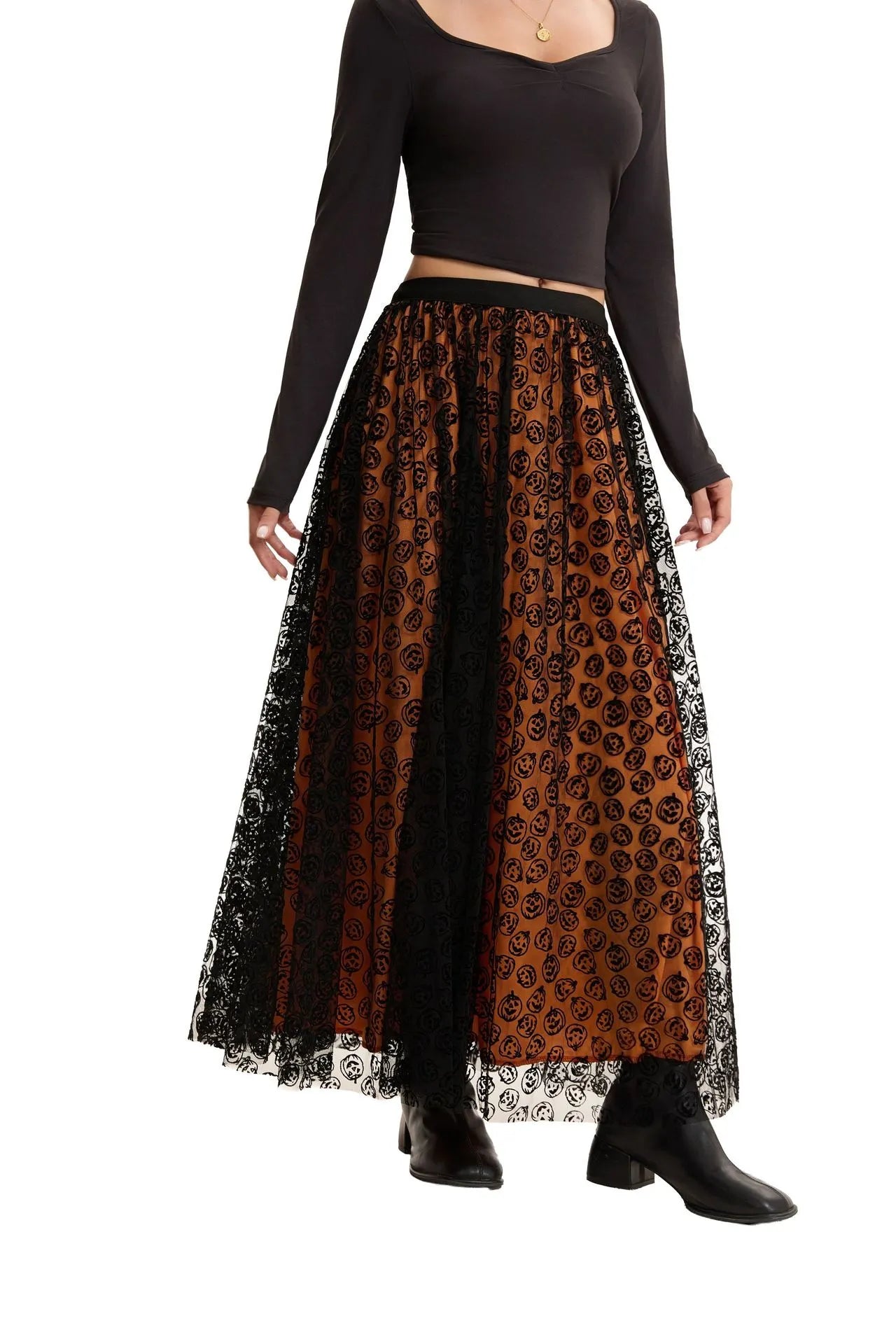 Halloween Red Base Skull Flocking Tulle Layered Midi Skirt