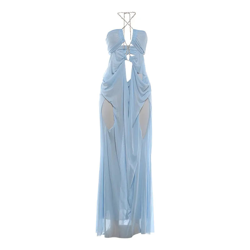 Rhinestone Chain Halter Maxi Dress