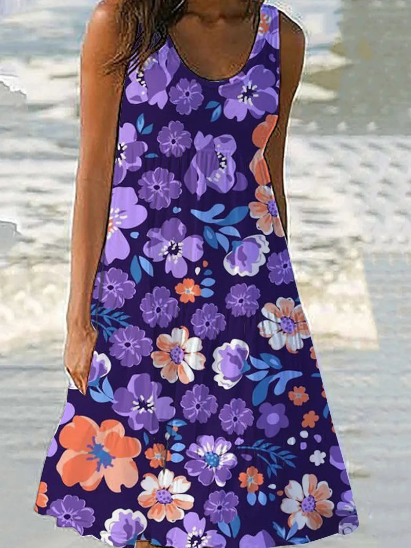 Floral Print Sleeveless Round Neck Tiered Midi Dress