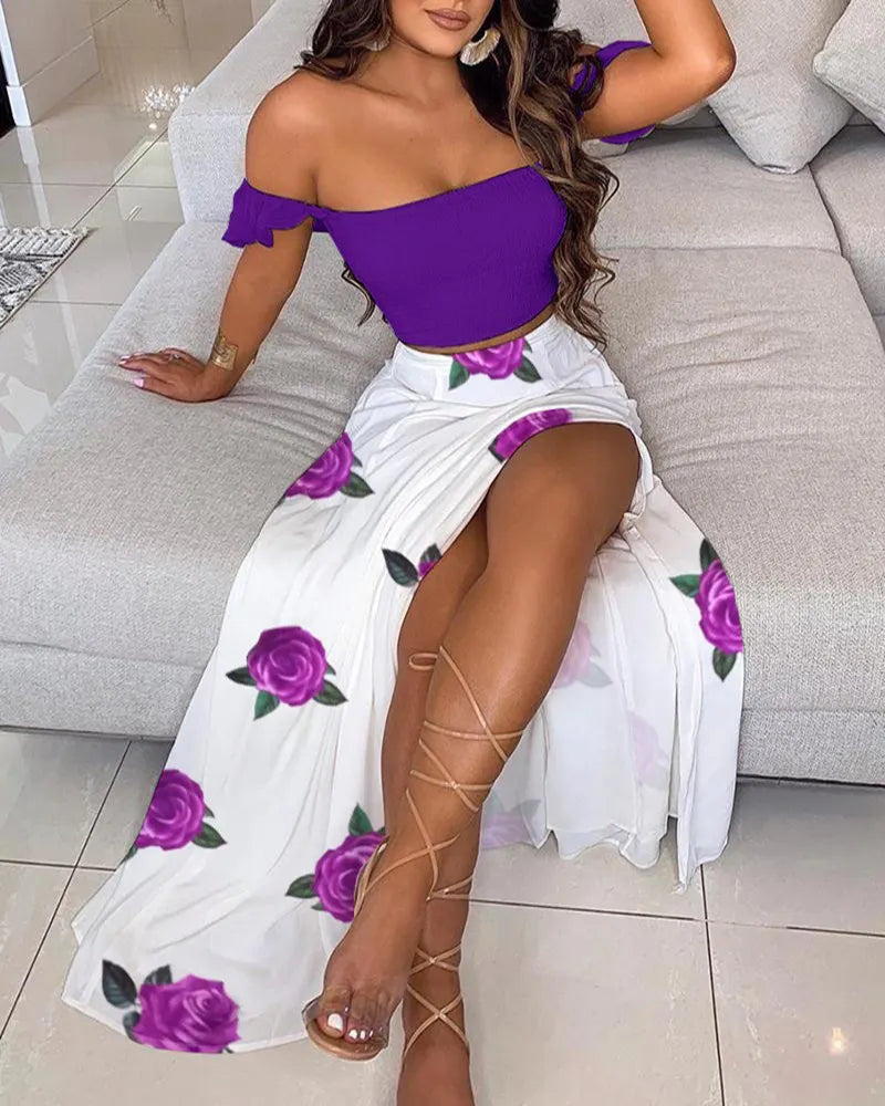 Off Shoulder Ruffle Crop Top & Floral Print High Slit Maxi Skirt 2 Piece Outfit Set