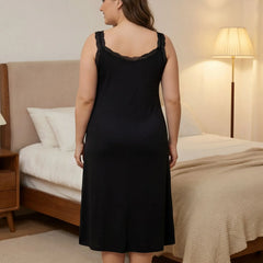 Oversized Black Midi Nightgown, Lace Detail Thin Straps Loose Fit Sleep Dress
