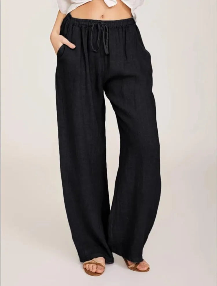 Lazy Day Outfit Blue Linen Drawstring High Waist Wide Leg Palazzo Pants