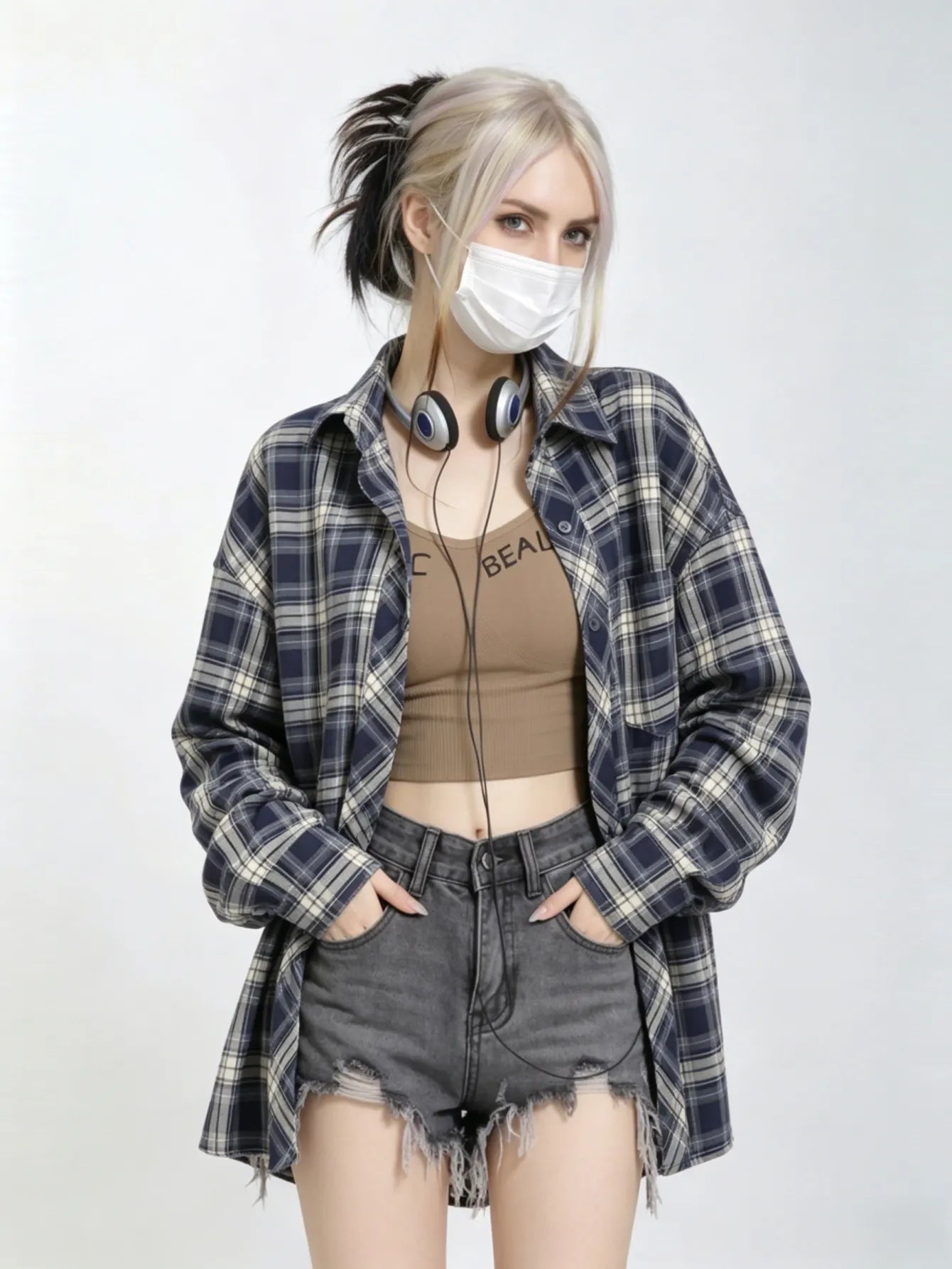 Loose Fit Navy Tartan Plaid Shirt, Oversized Longline Casual Streetwear Blouse