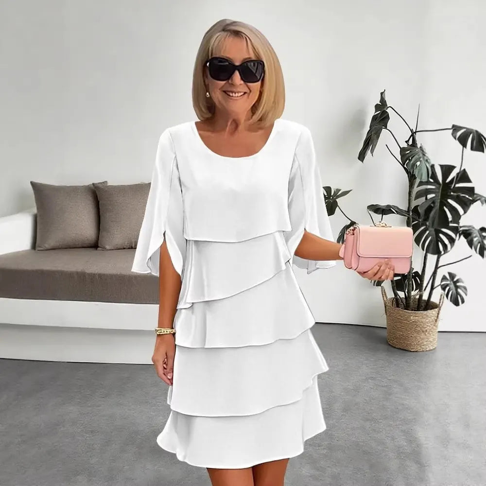 Solid Color Layered Ruffle Hem Split Sleeve Midi Dress