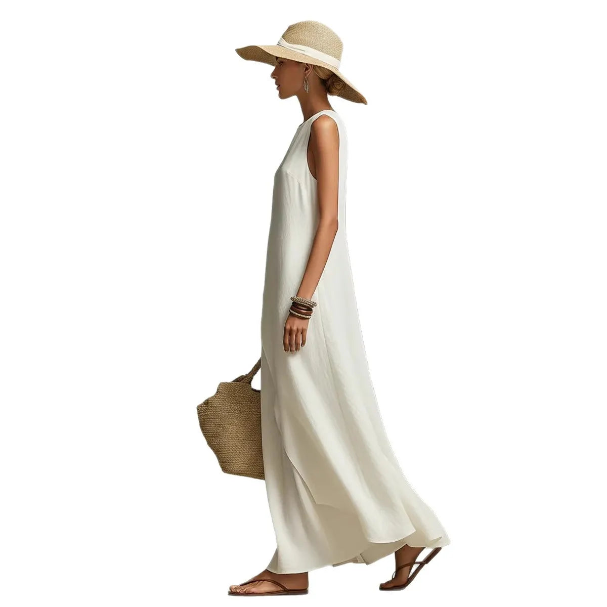 Round Neck Wrap Overlay Sleeveless Linen Maxi Dress