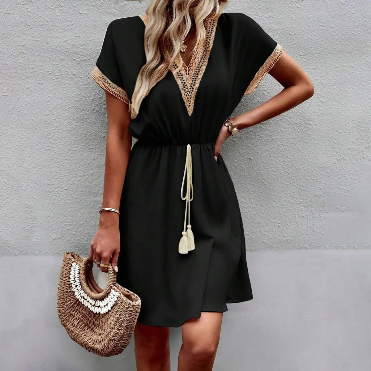 V Neck Lace Trim Tassel Tie Waist Casual A-Line Midi Dress
