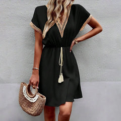 V Neck Lace Trim Tassel Tie Waist Casual A-Line Midi Dress