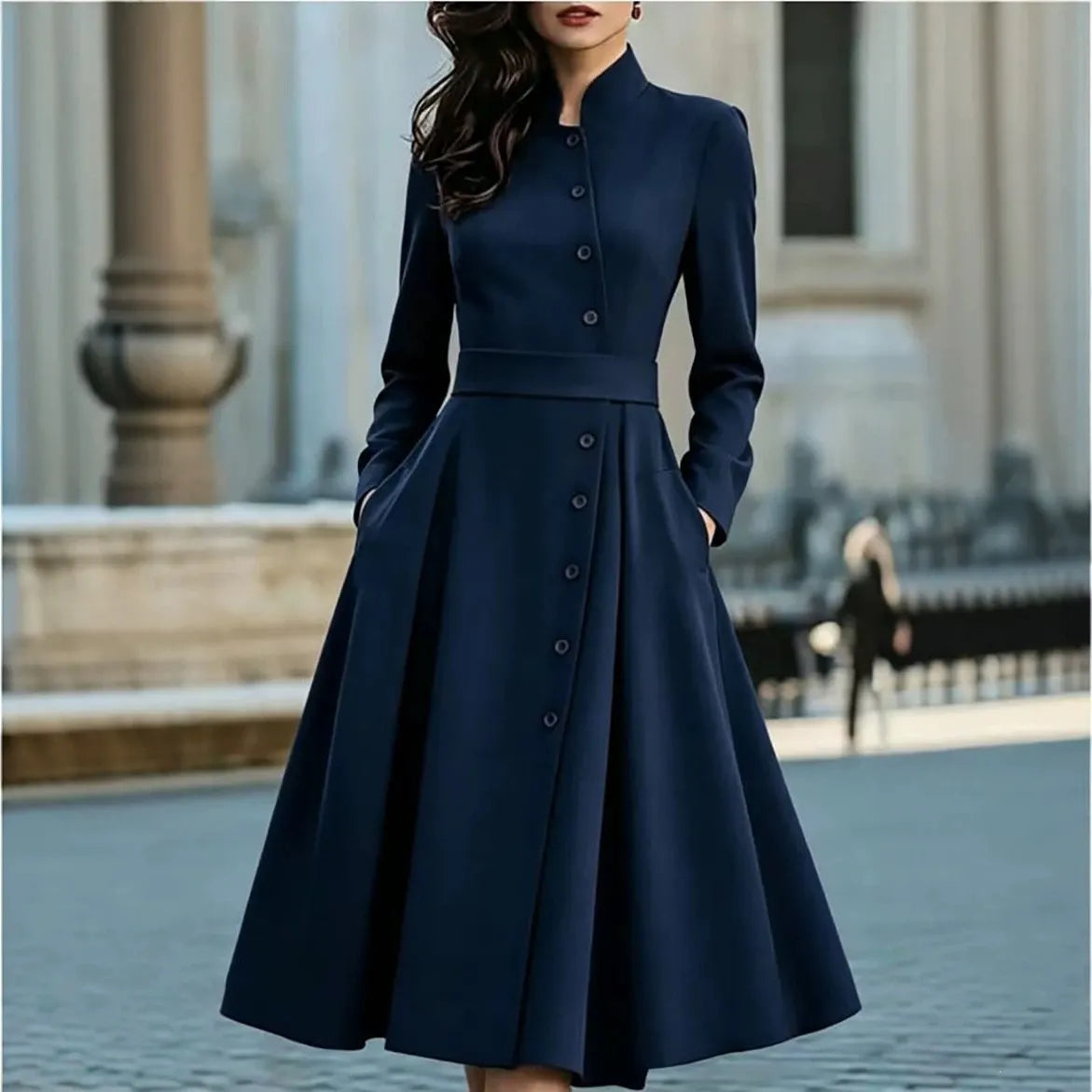 Burgundy Stand Collar Button Front Belted Midi Dress