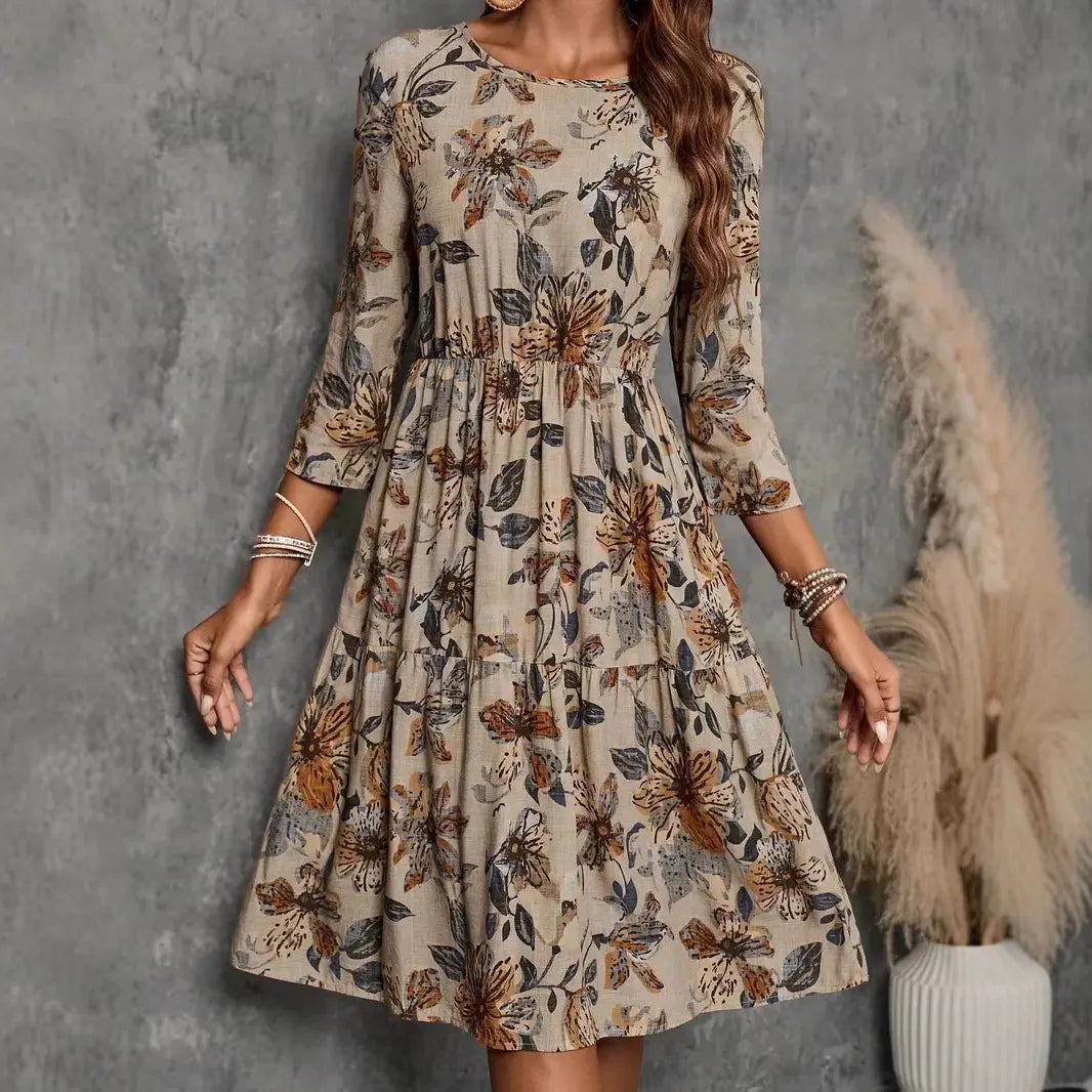 Round Neck All Over Floral Print High Waist Lantern Sleeve A-Line Midi Dress