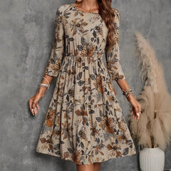Round Neck All Over Floral Print High Waist Lantern Sleeve A-Line Midi Dress