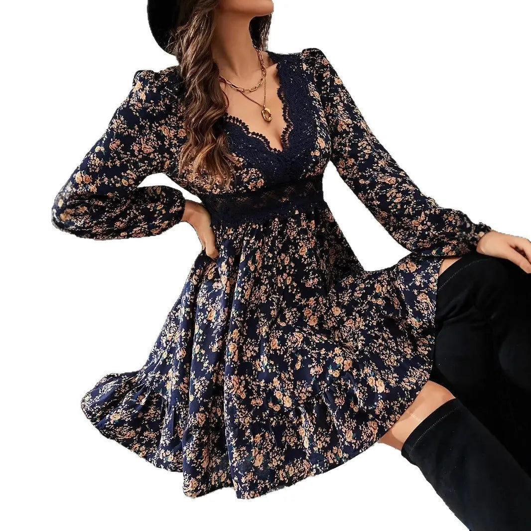 Floral Print Lace Trim Long Sleeve Mini Dress