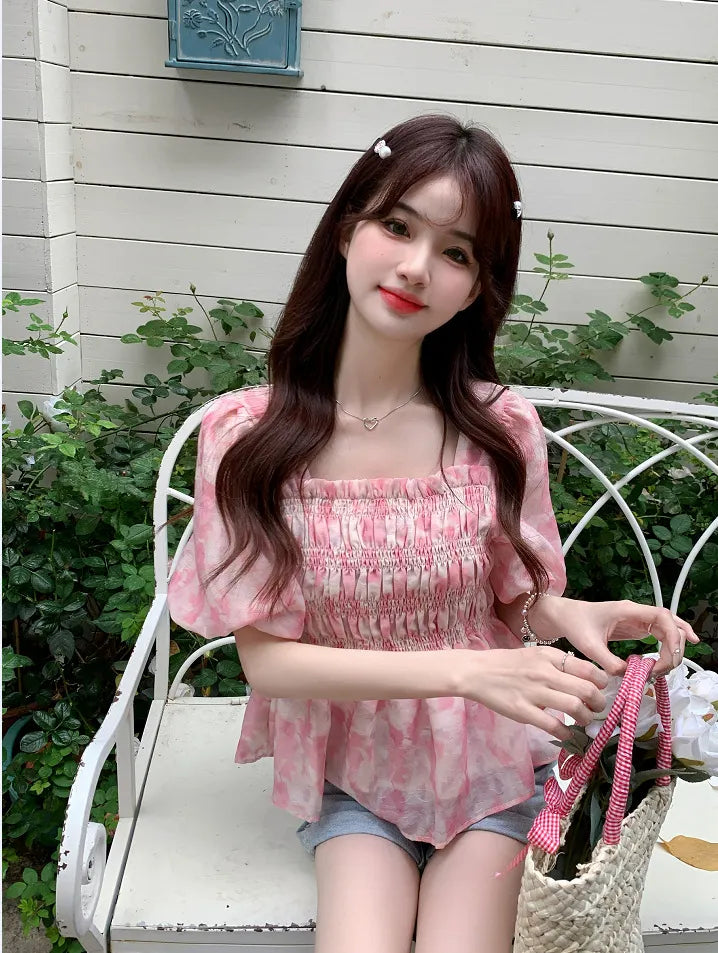 Tie-Dye Square Neck Puff Short Sleeve Peplum Top