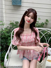 Tie-Dye Square Neck Puff Short Sleeve Peplum Top