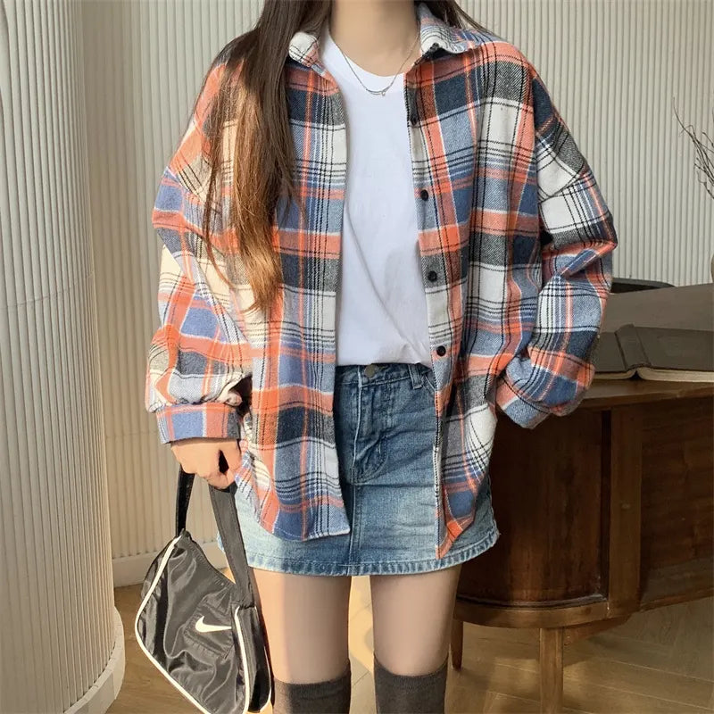 Fall Oversized Brown Black Plaid Shirt, Long Length Button Front Loose Fit Blouse