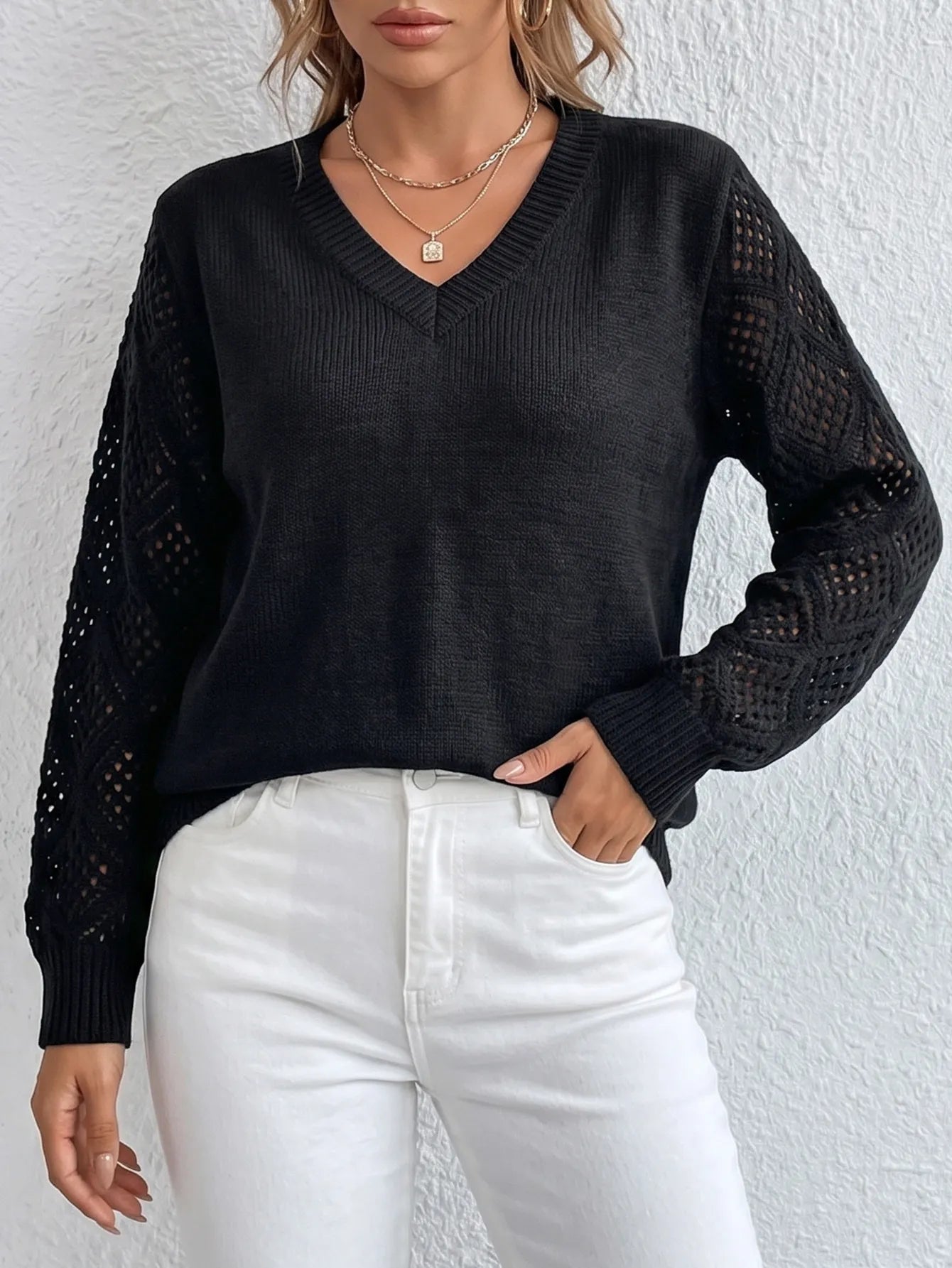 Hollow Crochet Mesh Sleeve V Neck Knit Top Solid Ribbed Body Fall Jumper
