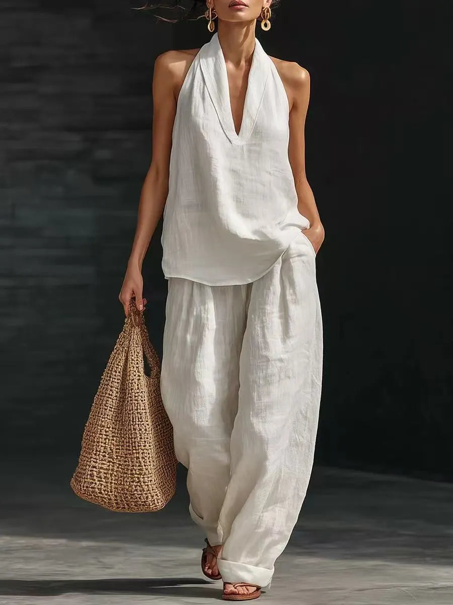 Sleeveless Loose Tunic Top Cuffed Wide Leg Pocket Pants
